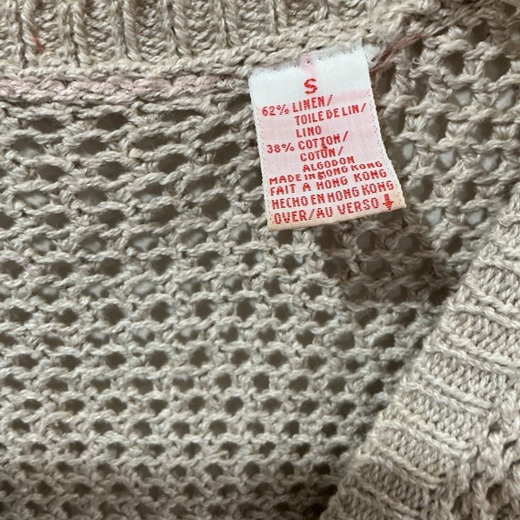 Vintage Linen Blend Open Knit Sleeveless Cardigan Sweater Vest Beige Tan Sz S - Picture 3 of 5